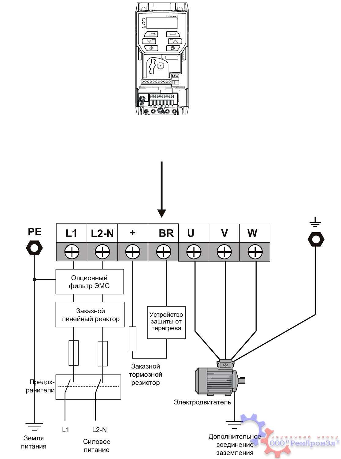 Схема подключения инвертора в исполнении IP20 (модель CIMR-E7Z47P51)